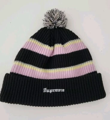 Bonnet Supreme À Rayures Épaisses FW17 Noir Rose Jaune Acrylique - Photo 1/4