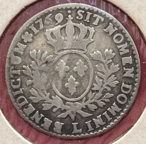 Belle monnaie argent Louis XV, 1/5 d'écu au bandeau 1769 L. Etat TB-/TB - Imagen 1 de 2