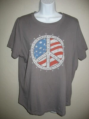 Mighty Fine Patriotic Tee Shirt Sz XXL Gray Peace Sign Womens Short Sleeve Crew - Image 1 of 4