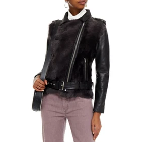 Muubaa Shearling Fur Leather Sheepskin Zip Moto Jacket Aurora Size US 2 xs s - Picture 1 of 14
