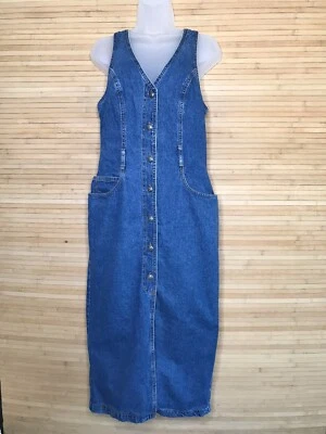 Vintage Guess Jeans Denim Midi Dress L Blue Button Front Cross Back Front Slit - Image 1 of 4