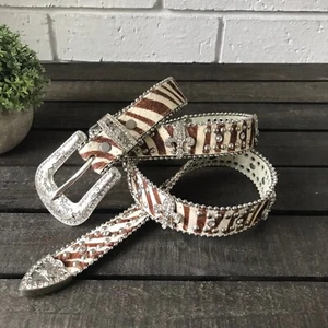 Striped Brown & White Calf Hair Crystal Fleur de Lis Studded Belt Size M/L - Picture 1 of 9