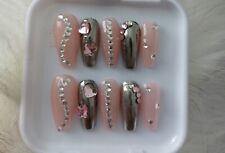 Handmade Pink silver Mirror and Crystal Coffin Press On Nails Small Nail Size