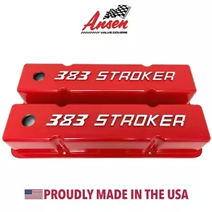 383 STROKER Chevy Valve Covers Red - SBC Tall Raised Logo - Ansen USA - Picture 1 of 10
