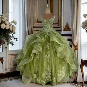 Lace Applique Ruffle Quinceanera Dress Detachable Tulle Sweetheart Ball Gowns - Picture 1 of 42