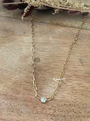 BIJOUXIA Collier Chaîne Avec Pendentif Solitaire Serti Clos Plaqué or 18 Carats 750/1000