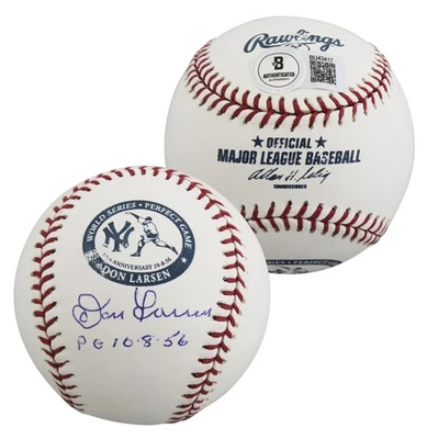 Yankees Don Larsen "PG 10.8.56" Firmado PG 50 Aniversario Logo OML Béisbol BAS Foto 1 de 3