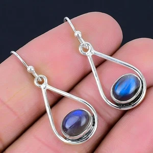Natural Labradorite Sterling Silver Elegant Sister Dangle Drop Earrings Jewelry - Picture 1 of 8