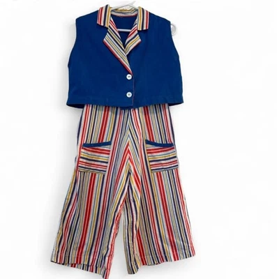 Vintage ‘70s Handmade Colorful Stripe Overalls & Vest Outfit Girl Size Small - Image 1 of 4
