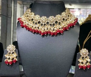 Indian Bollywood Bridal Gold Plated Kundan Red Pearl Necklace Jewelry Set - Picture 1 of 3