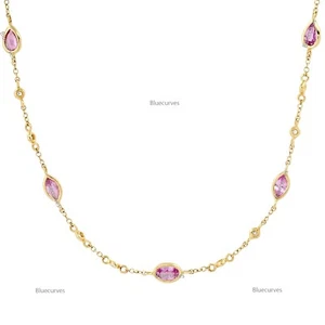 5 Multi Shape Pink Sapphire & Bezel Set Diamond Chain Necklace 14k Solid Gold - Picture 1 of 5