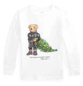 NUEVO CON ETIQUETAS Polo Ralph Lauren Niños Talla 7 Árbol de Navidad Oso de Peluche Camiseta Blanca - Imagen 1 de 4