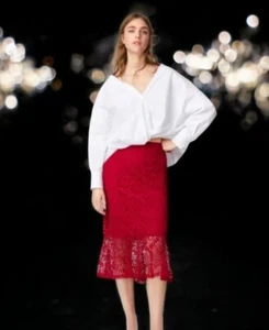 NWT Zara Size S Red Lace Pencil Ruffle Skirt 3184/158 - Picture 1 of 2