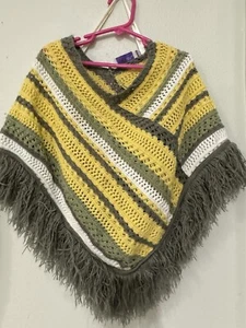 Vintage The Great American Sweater Co 70s Open Knit Fringe Poncho Shawl One Size - Picture 1 of 3