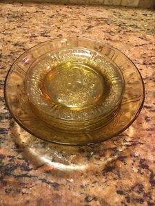 Set of (6) Amber Elegant Etched Rose Glass Salad/Dessert Plates and (1) Bowl - Picture 1 of 10