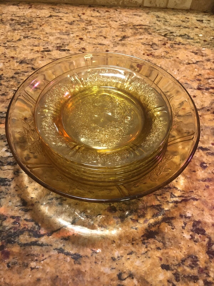Set of (6) Amber Elegant Etched Rose Glass Salad/Dessert Plates and (1) Bowl - Image 1 of 4