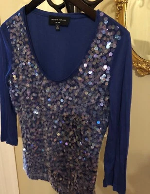 Top HILTON HOLLIS Azul Cuello Redondo Manga 3/4 Tejido Iridiscente Lentejuelas Frontal Talla M Foto 1 de 4
