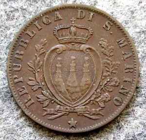 SAN MARINO 1894 R 5 CENTESIMI, Coat of Arms Copper yes we do combine postage - Picture 1 of 6