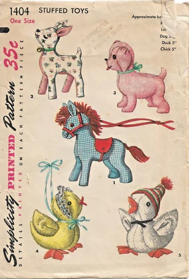 1950's VTG Simplicity 1404 Pattern Stuffed Toys Horse Lamb Dog Duck - Original - Image 1 of 4