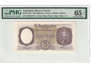Argentina 5 Pesos 1960-62 PICK# 275a PMG: 65 EPQ GEM UNC. #PL1871 - Picture 1 of 2