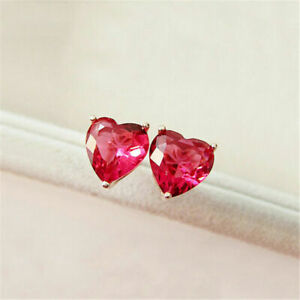 Pretty New Rose Gold Plated Ruby Red Heart CZ Stud Earrings