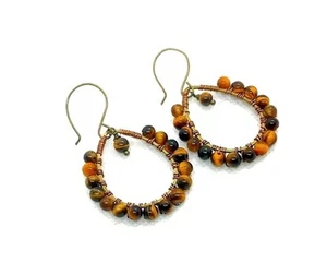 TIGERS EYE wire-wrapped sp gemstone BRONZETONE handmade hooped earrings - Picture 1 of 4