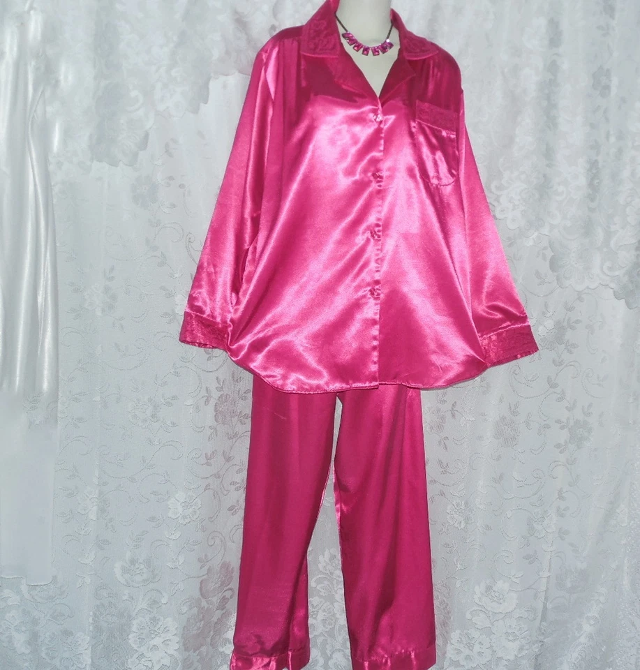 VTG 80s UNWORN L/XL GO SOFTLY 2 PC LONG FUCHSIA SATIN FLANNEL BACK PAJAMAS PJ - Image 1 of 4
