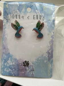 NEW Ella & Elly Pink Crystal Green Enamel Humming Bird Stud Earrings - Picture 1 of 2