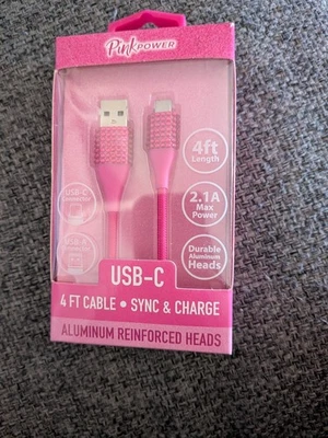 PinkPower USB-C Charging Cable 4ft Sync & Charge Braided Nylon 2.1A Durable Pink - Image 1 of 2