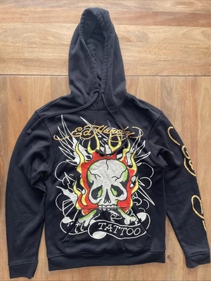 Sudadera con Capucha Ed Hardy Tatuaje Calavera Llameante Talla Pequeña Negro Pullover Gráfico Suéter Foto 1 de 4