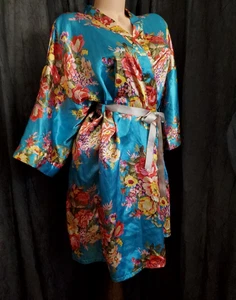 GLOSSY SATIN KIMONO ROBE  Tropical Floral Side Pockets WOMEN'S MEDIUM - Picture 1 of 7