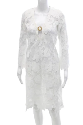 Vestido Valerie Khalfon Mujer Blanco Floral Cuello en V Manga Larga Hebilla Talla S Foto 1 de 4