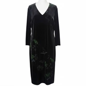 VTG Plus Size Black Velvet Dress Size 20 Floral Whimsigoth Jeffrey & Dara V Neck - Picture 1 of 9