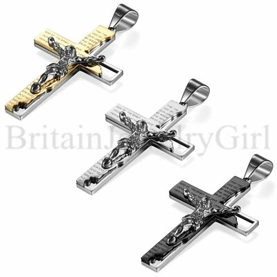 Colar pingente cruz crucifixo Jesus Cristo versículo bíblico aço inoxidável para homens - Imagem 1 de 4