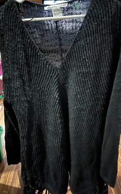 American rag CIE V-neck Sweater Black Fringe Hem 1X - Image 1 of 3
