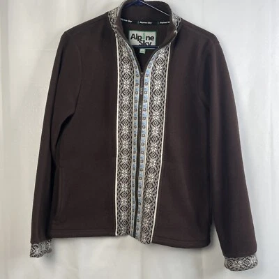 女式 Fleece Fair Isle 夹克 L 码刺绣巧克力棕色全拉链滑雪 — 第 1/4 张图片