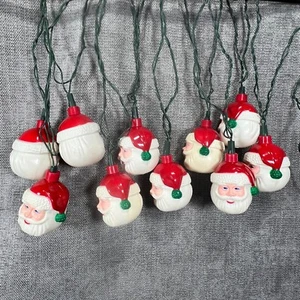Christmas Blinking Santa Heads Light String Set 10 Hard Plastic All Work 13 ft - Picture 1 of 15