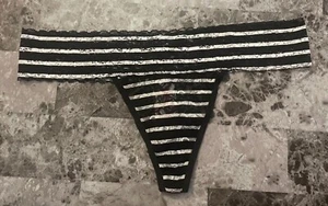 NWT VICTORIA'S SECRET PINK L BLACK WHITE STRIPE FLORAL LACE RARE THONG PANTIES - Picture 1 of 3