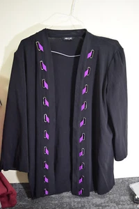 Misook Black 3/4 Sleeve Cardigan Sweater Jacket Size 2X Pads Purple Ribbon - Picture 1 of 11
