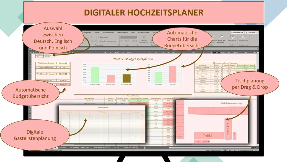 Digitaler Hochzeitsplaner - 6 Module - Budget Gästeliste Aufgaben Planung Excel - Bild 1 von 4