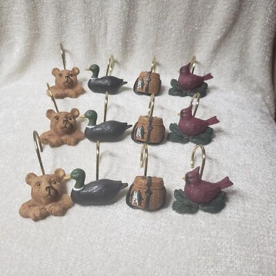 De Colección 12 Ganchos/Anillos de Ducha de Resina Rústica Ambiente de Cabina Exterior Osos Pájaros Peces Patos Foto 1 de 4