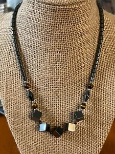 Vintage Hematite Necklace Cubes Tiger's Eye Beads Barrel Clasp 17" - Picture 1 of 4