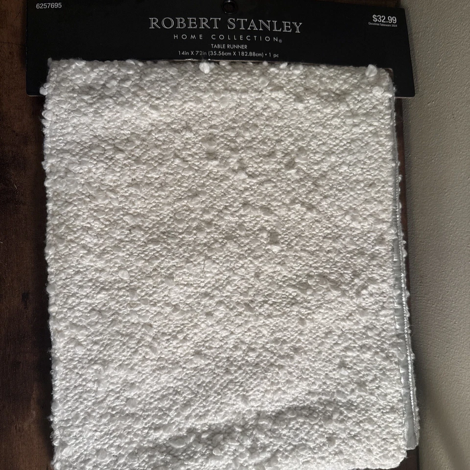 Robert Stanley Home Collection Table Runner White Woven Silver Thread 14”x72”new - Image 1 of 4