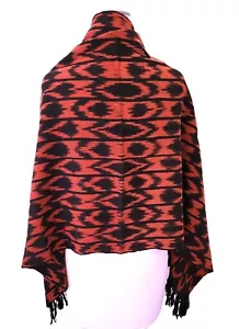 Vintage Boho Mexican Hand Loomed WOOL IKAT REBOZO SHAWL Scarf Black & Rust - Picture 1 of 5
