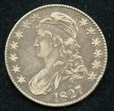 1827 "Squared Base 2" Capped Bust Silver Half Dollar 50c VF/XF w/ Obv Scratches - Image 1 of 2