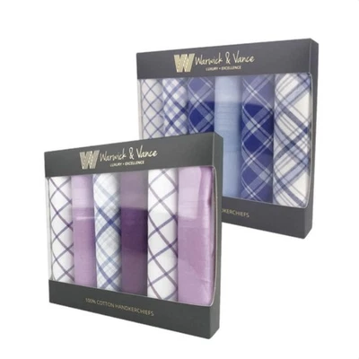 WARWICK & VANCE Mens 100% Cotton Handkerchiefs Blue Or Purple Checked Design 6 Pack