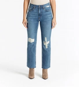 Rag & Bone Sz 27 Distressed Raw Hem Shaker Medium Wash Straight Leg Cross Patch - Picture 1 of 11