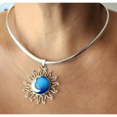 Collar Colgante Cara Luna Sol Azul .950 Vintage Estampado a Mano México  Foto 1 de 4