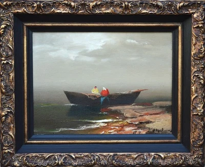 Vintage Original Oil Painting  Fishermen by the Boat Signed Ornate Frame - Image 1 of 4