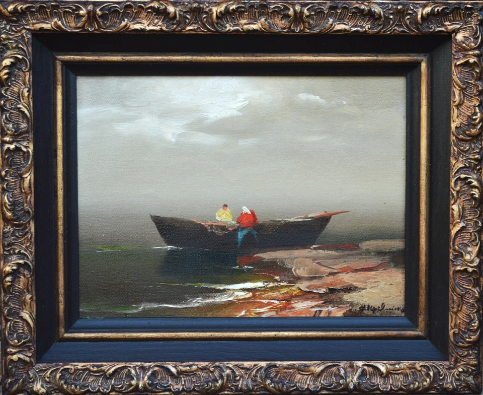 Vintage Original Oil Painting  Fishermen by the Boat Signed Ornate Frame - Image 1 of 4